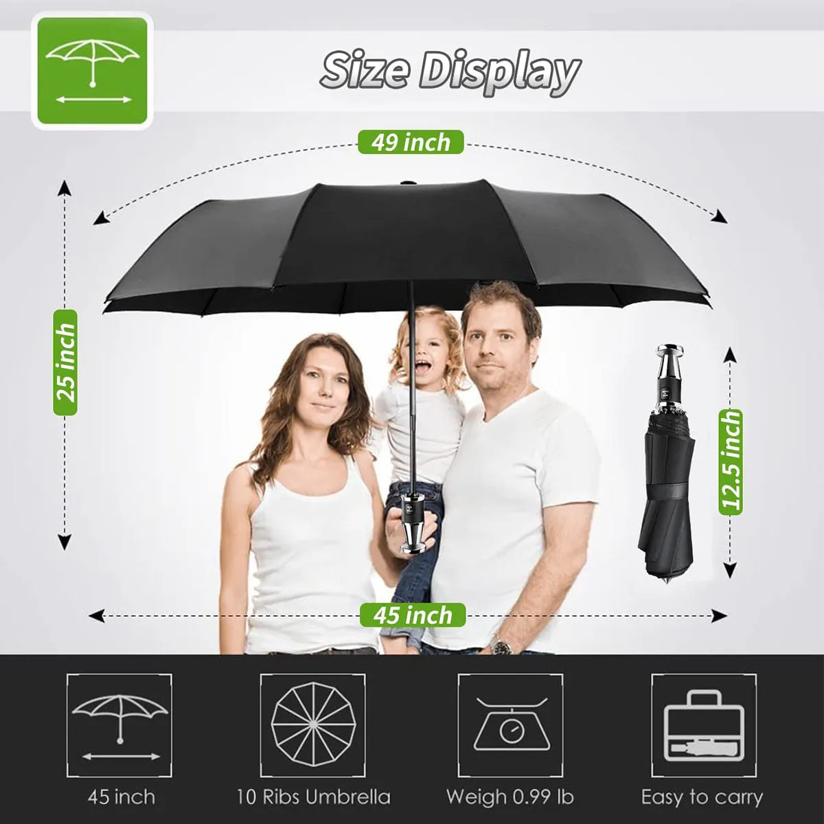 Umbrella for All Cars, 10 Ribs Umbrella Windproof Automatic Folding Umbrella, One-handed use, Rain and Sun Protection, Car Accessories HA13993
