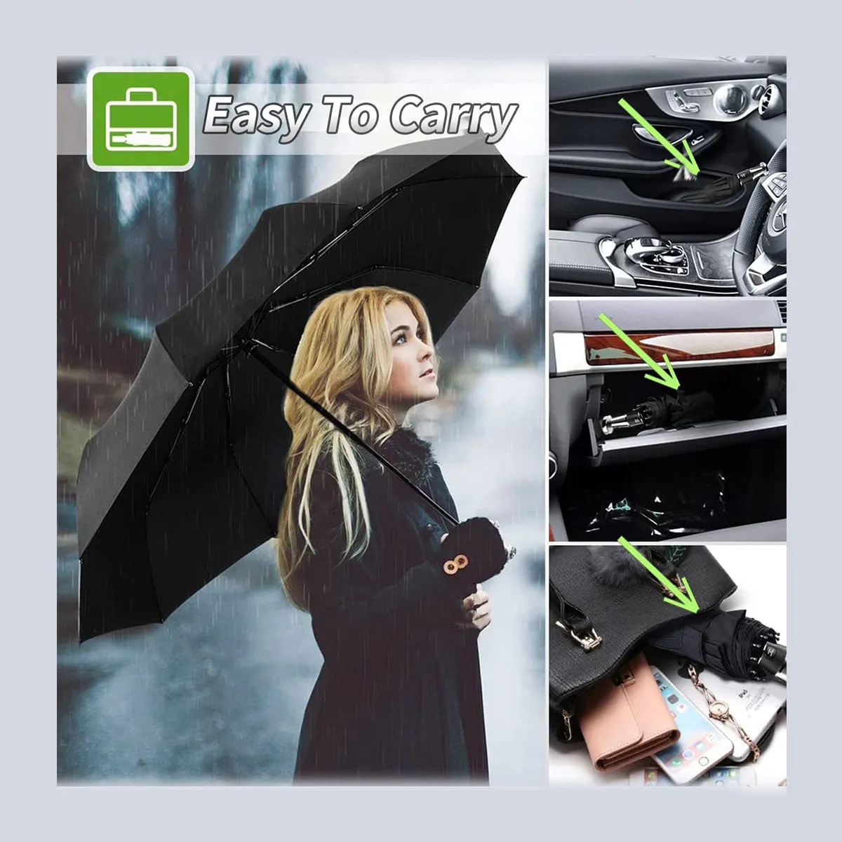 Umbrella for All Cars, 10 Ribs Umbrella Windproof Automatic Folding Umbrella, One-handed use, Rain and Sun Protection, Car Accessories JG13993