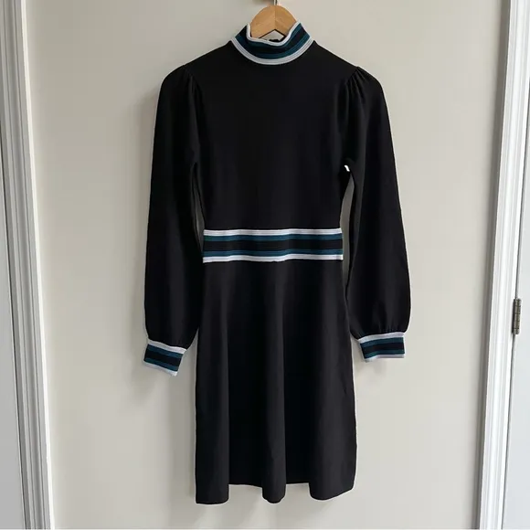 [vince camuto] mock neck long sleeve fit &amp; flare colorblock dress black XS