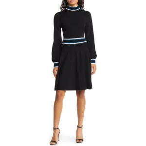 [vince camuto] mock neck long sleeve fit &amp; flare colorblock dress black XS