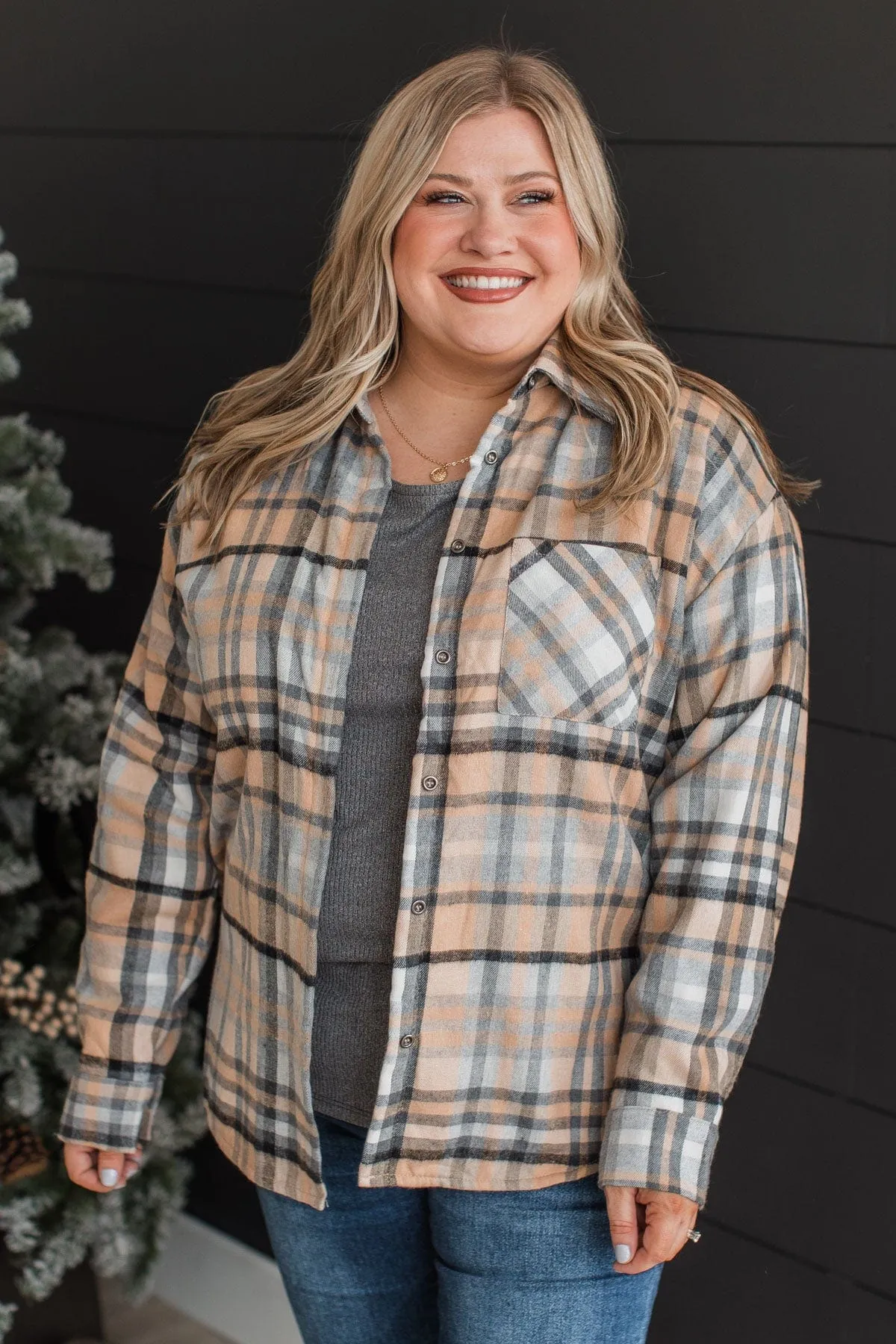 Warm In Winter Plaid Jacket- Taupe & Grey
