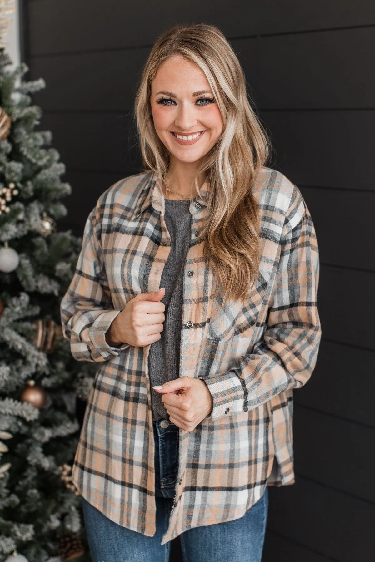 Warm In Winter Plaid Jacket- Taupe & Grey