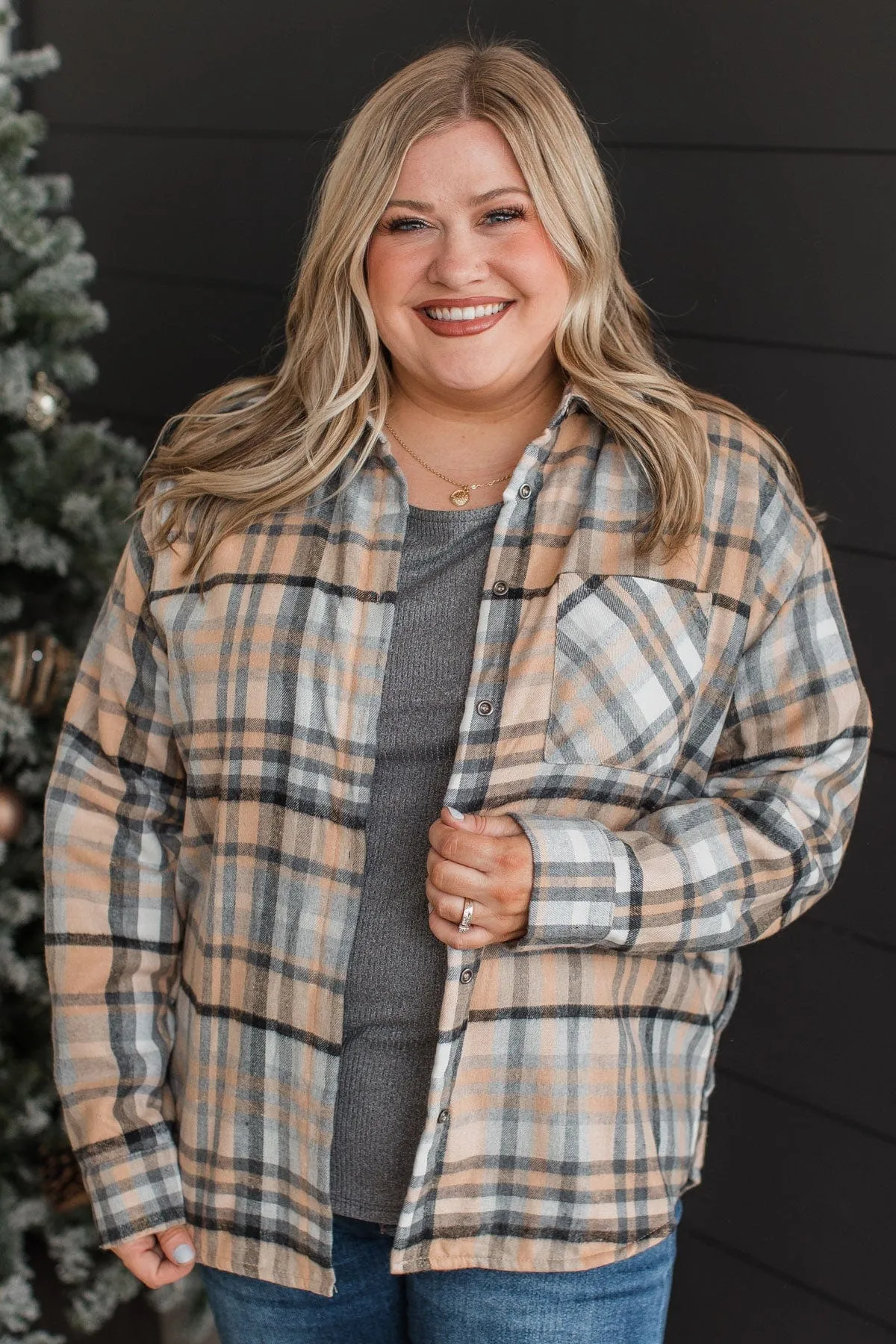 Warm In Winter Plaid Jacket- Taupe & Grey
