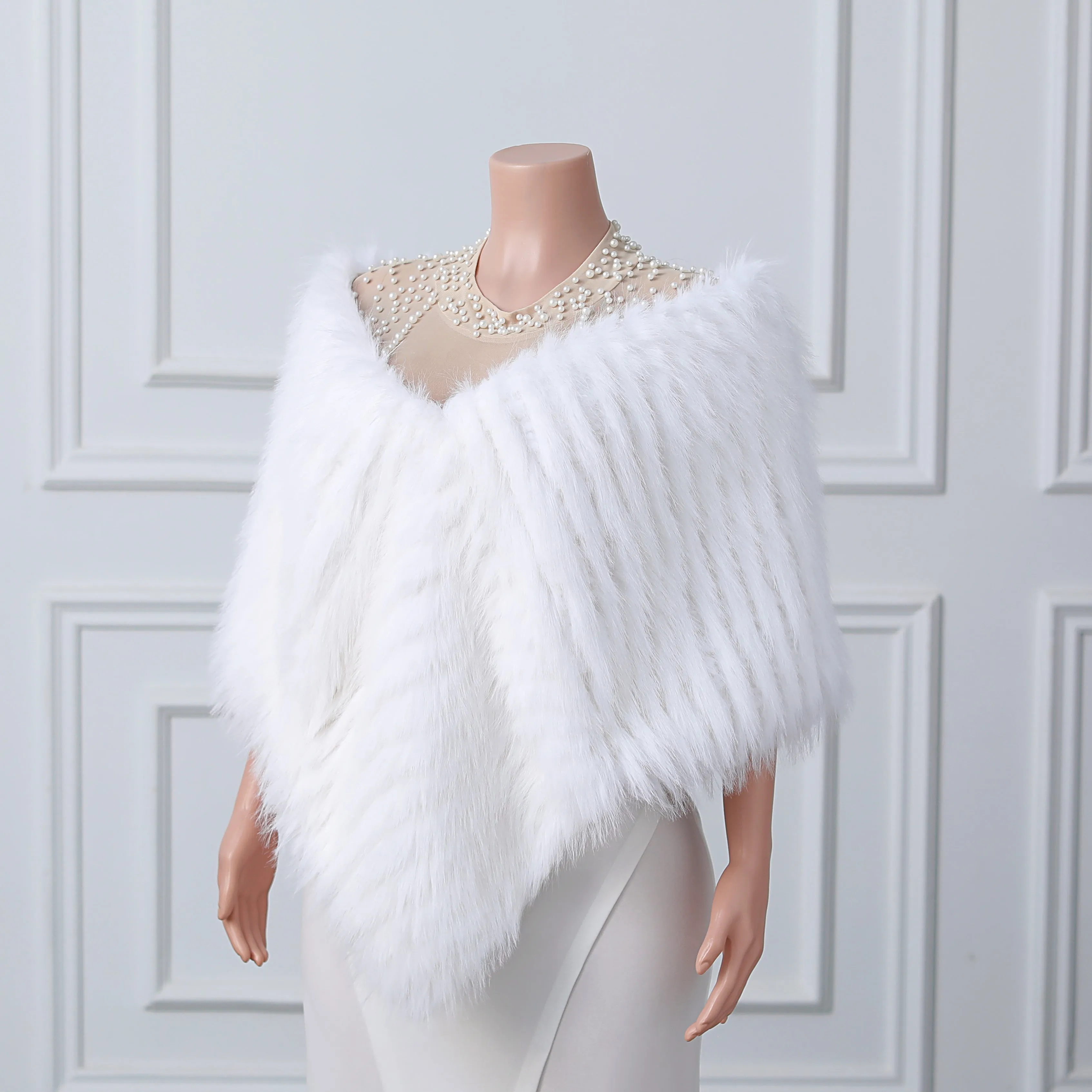 White V-neck Neckline Shawl Winter Wedding Shawl