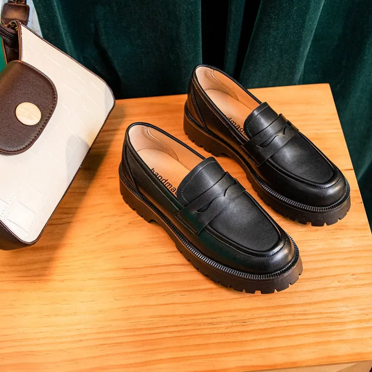 woloong  Spring Shoes Female British Style New Thick-soled College Style Casual Loafers Genuine Leather Fashion Shoes Girls