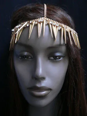 Women Gold Head Chain Spikes Rhinestones Circlet Headband