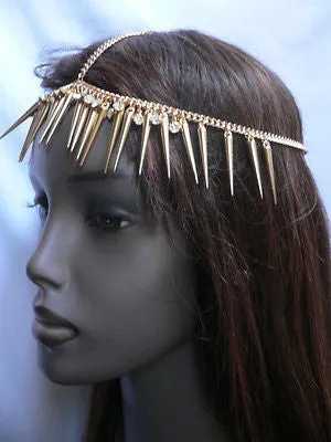 Women Gold Head Chain Spikes Rhinestones Circlet Headband