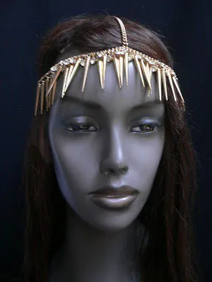 Women Gold Head Chain Spikes Rhinestones Circlet Headband
