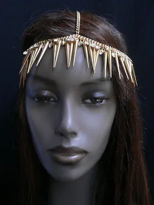 Women Gold Head Chain Spikes Rhinestones Circlet Headband