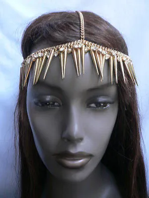 Women Gold Head Chain Spikes Rhinestones Circlet Headband
