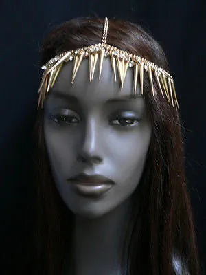 Women Gold Head Chain Spikes Rhinestones Circlet Headband