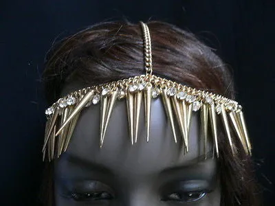 Women Gold Head Chain Spikes Rhinestones Circlet Headband