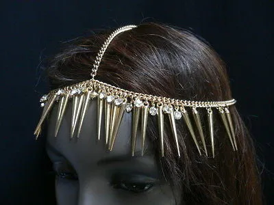 Women Gold Head Chain Spikes Rhinestones Circlet Headband