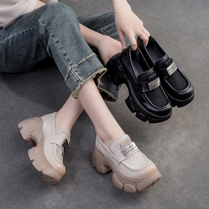 Women Hollow Mesh Leather Chunky Platform Loafers