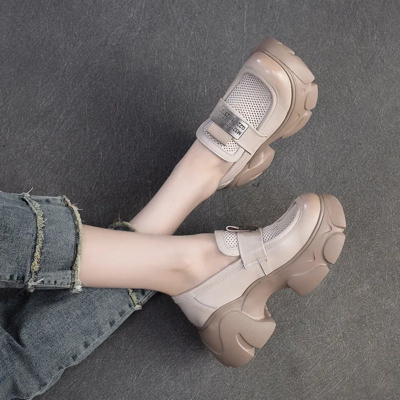 Women Hollow Mesh Leather Chunky Platform Loafers