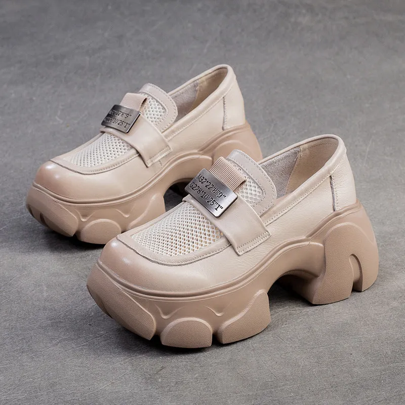 Women Hollow Mesh Leather Chunky Platform Loafers