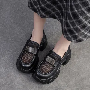 Women Hollow Mesh Leather Chunky Platform Loafers