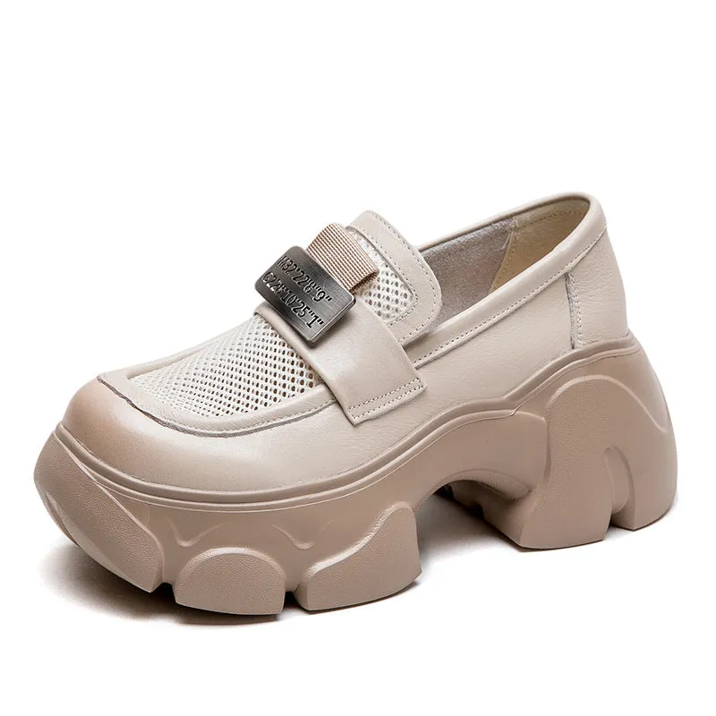 Women Hollow Mesh Leather Chunky Platform Loafers