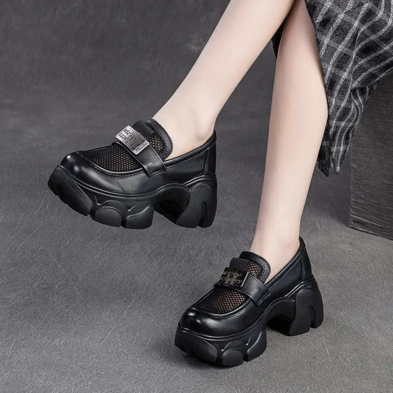 Women Hollow Mesh Leather Chunky Platform Loafers