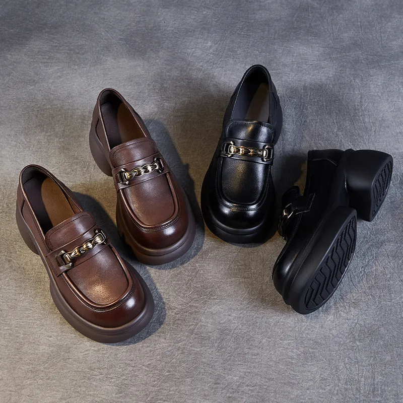 Women Retro Chain Leather Chunky Platform Loafers