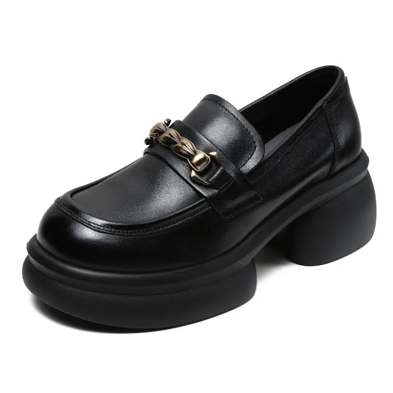 Women Retro Chain Leather Chunky Platform Loafers