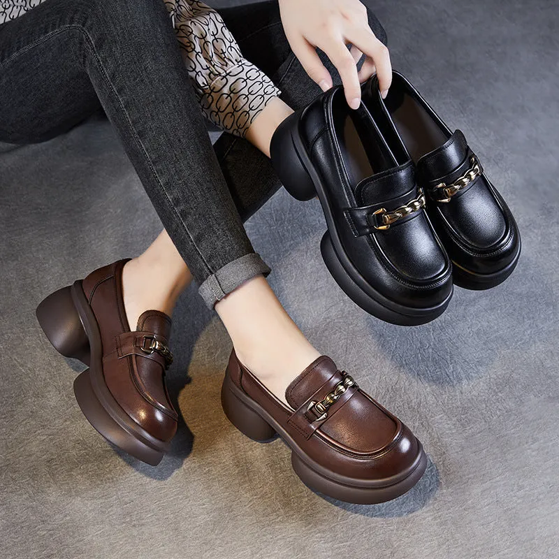 Women Retro Chain Leather Chunky Platform Loafers