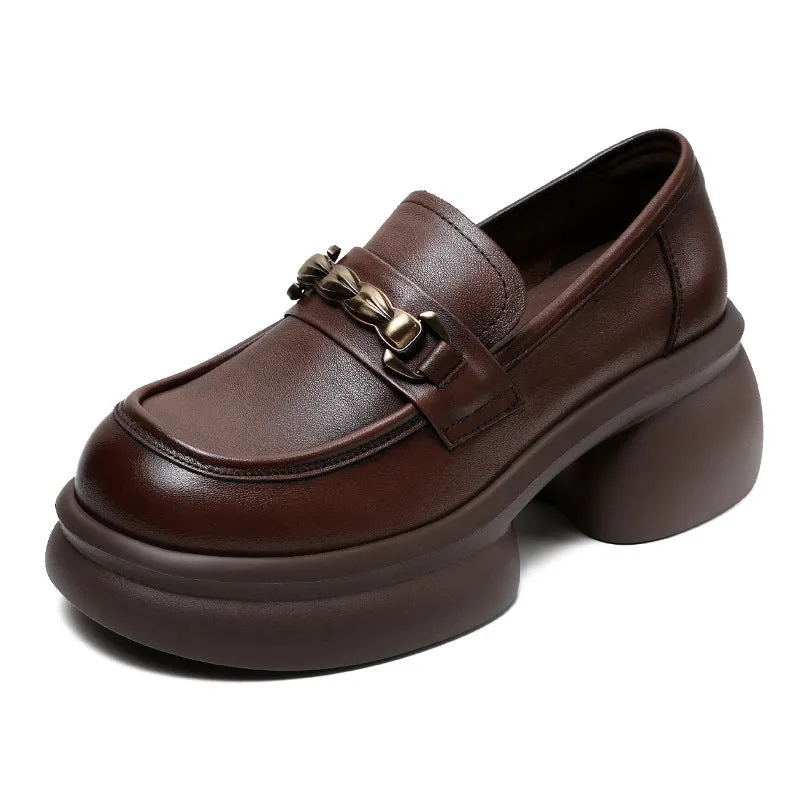 Women Retro Chain Leather Chunky Platform Loafers