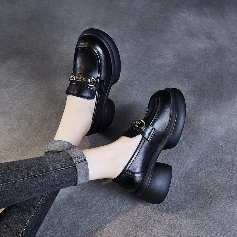 Women Retro Chain Leather Chunky Platform Loafers