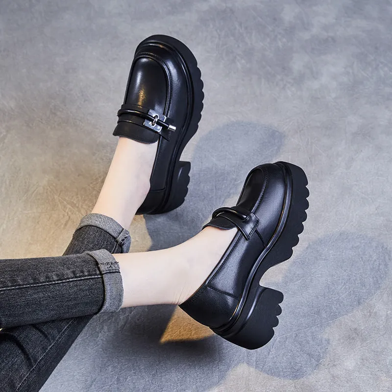 Women Retro Leather Casual Chunky Platform Loafers