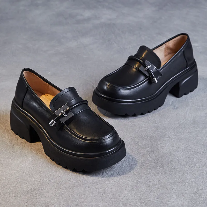 Women Retro Leather Casual Chunky Platform Loafers