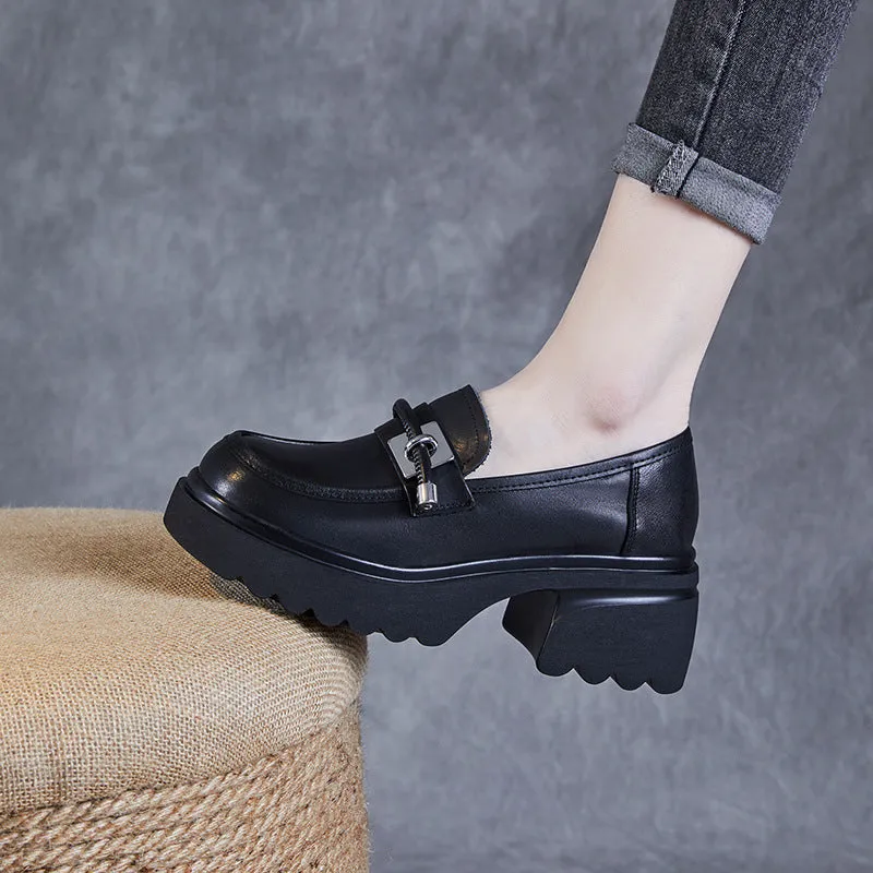 Women Retro Leather Casual Chunky Platform Loafers