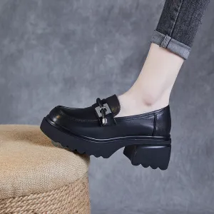 Women Retro Leather Casual Chunky Platform Loafers
