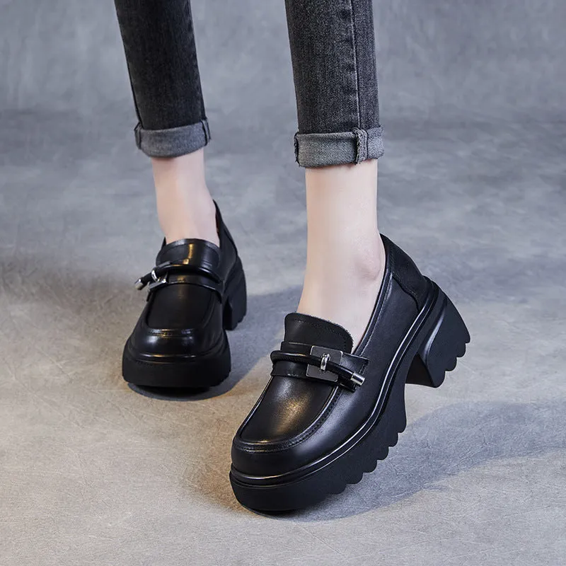 Women Retro Leather Casual Chunky Platform Loafers