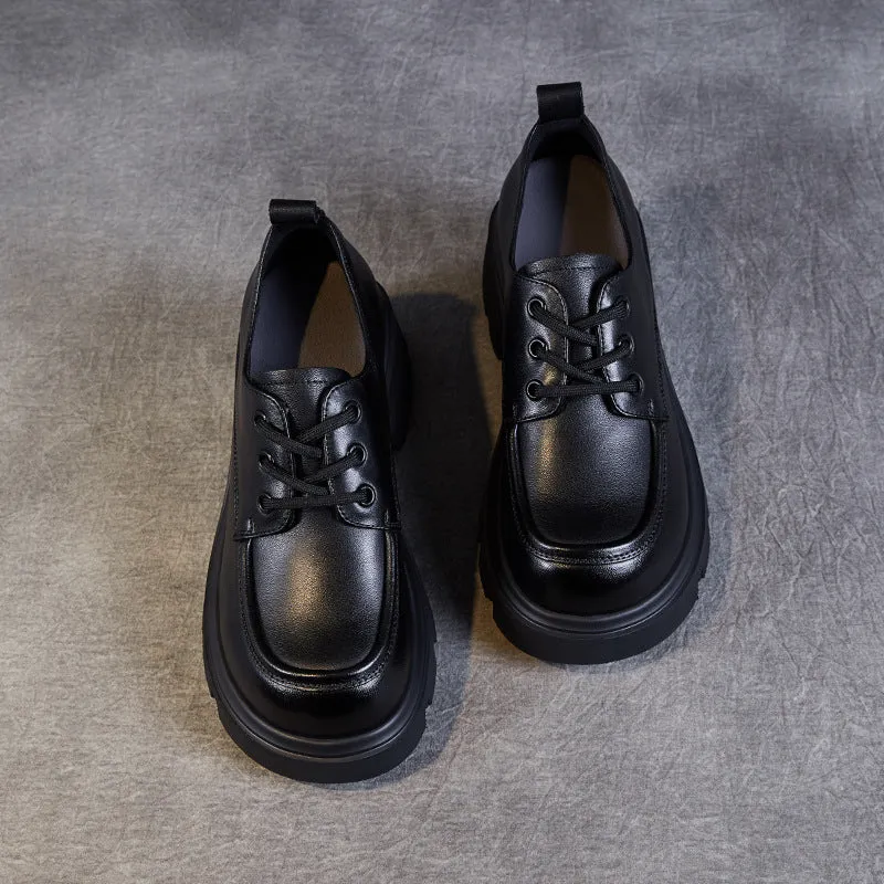 Women Retro Leather Lace-up Platform Loafers