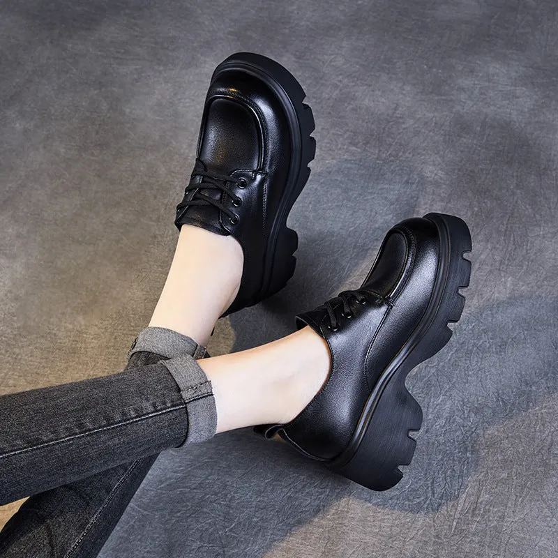 Women Retro Leather Lace-up Platform Loafers