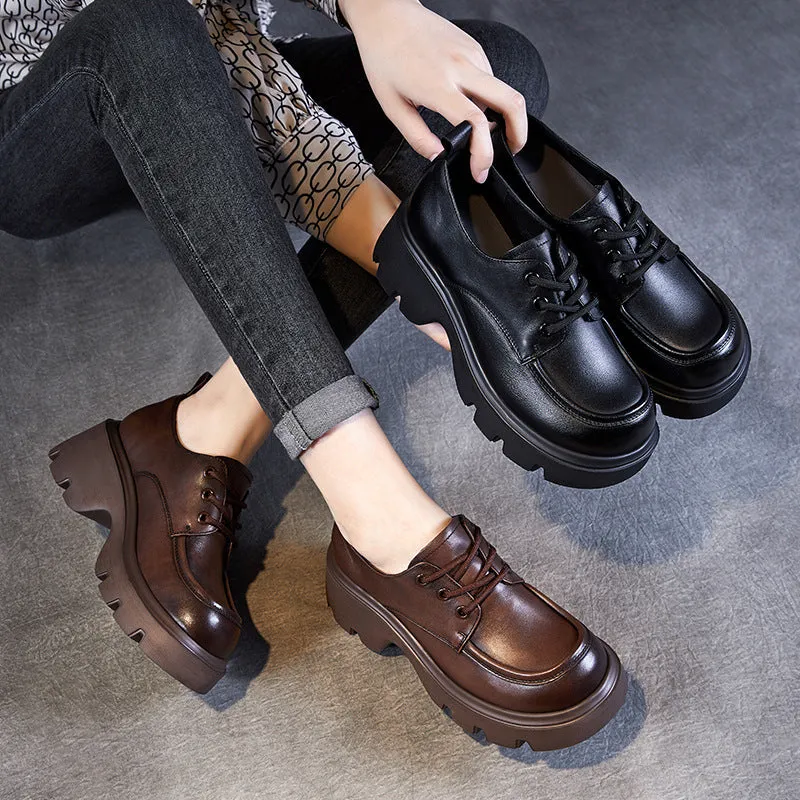 Women Retro Leather Lace-up Platform Loafers