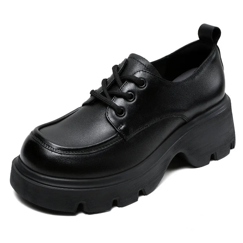 Women Retro Leather Lace-up Platform Loafers