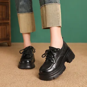 Women Retro Plain Leather Chunky Platform Lace-up Loafers