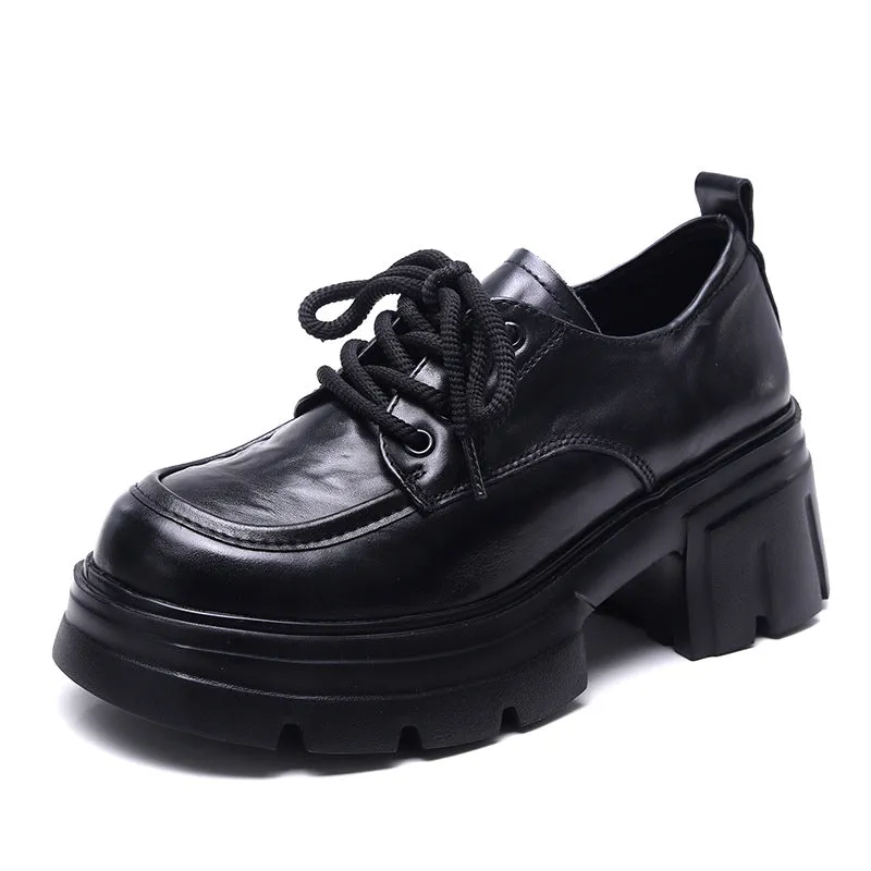 Women Retro Plain Leather Chunky Platform Lace-up Loafers