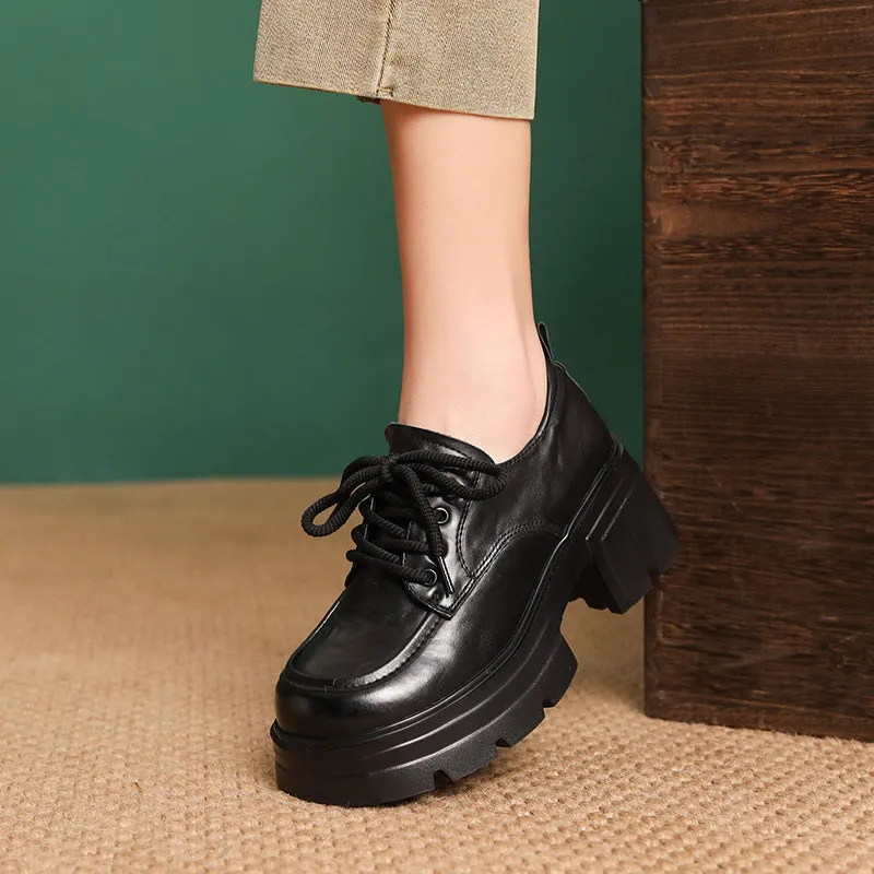 Women Retro Plain Leather Chunky Platform Lace-up Loafers