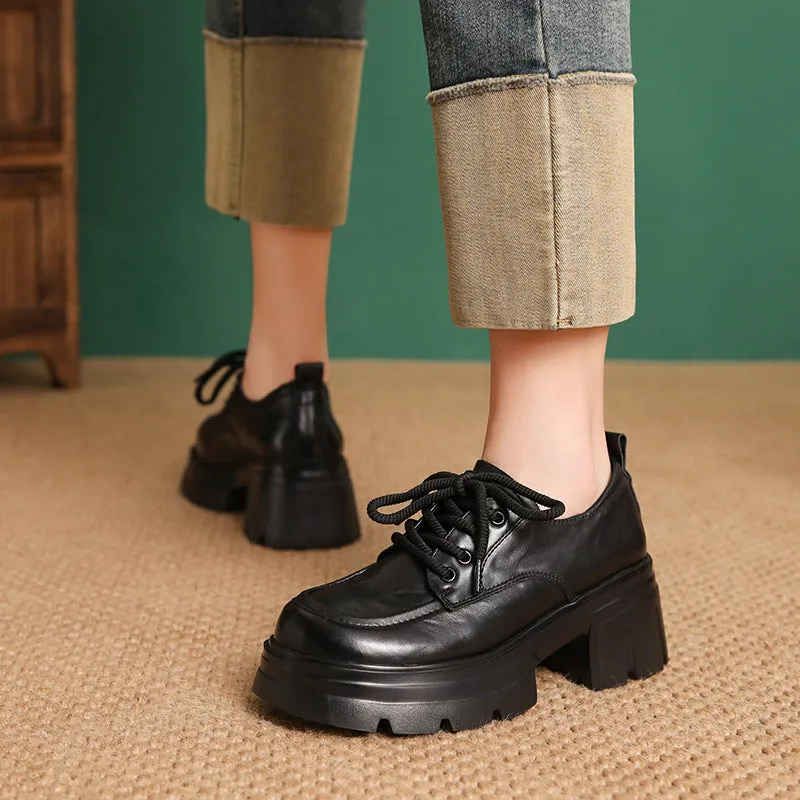 Women Retro Plain Leather Chunky Platform Lace-up Loafers