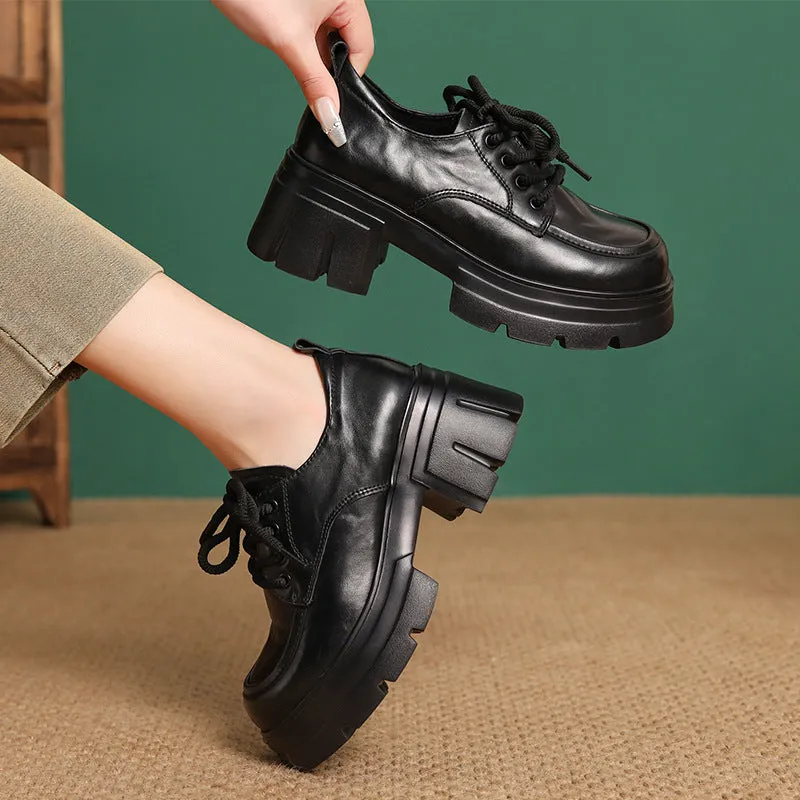 Women Retro Plain Leather Chunky Platform Lace-up Loafers