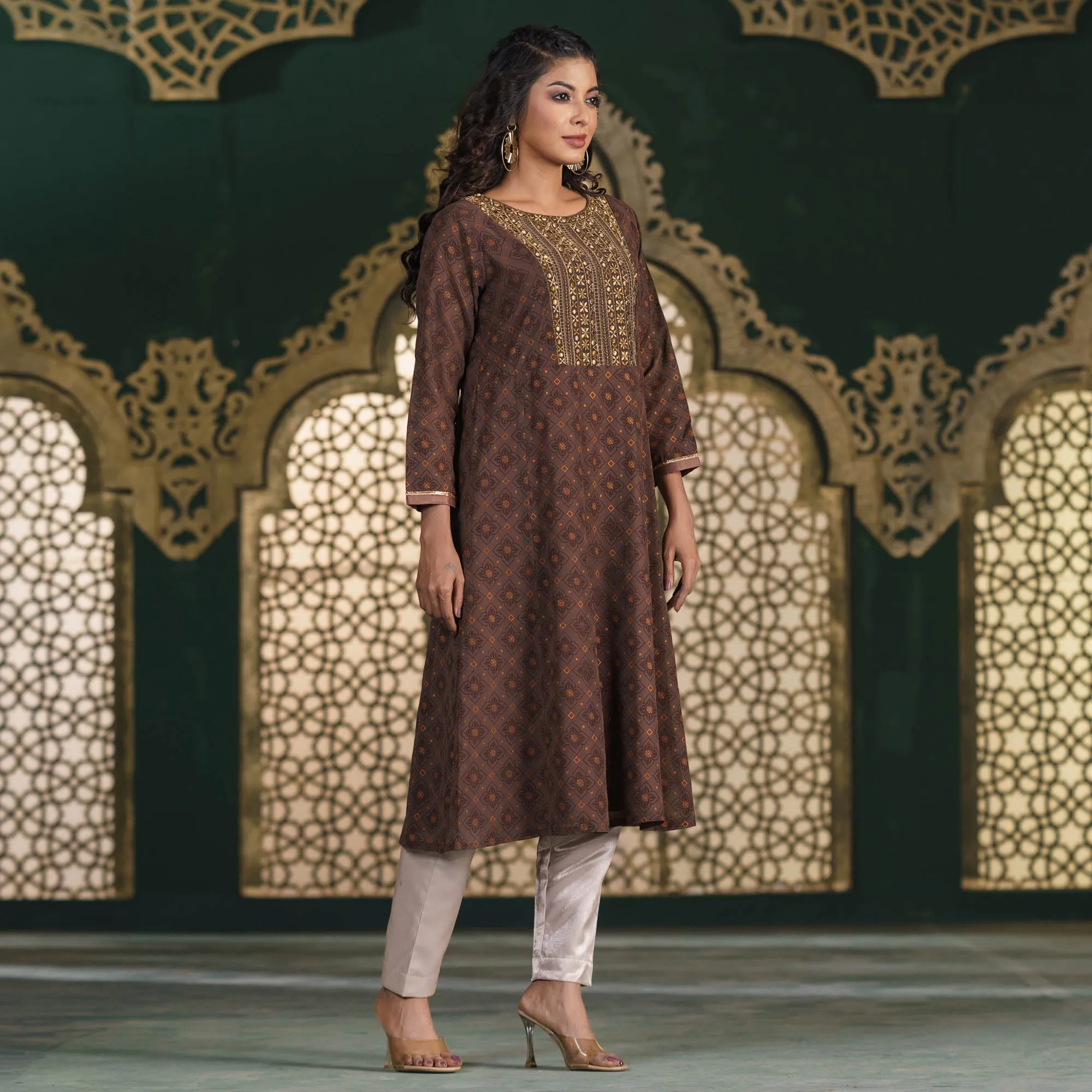 Womens Ethnic High Range Kurti-Brown