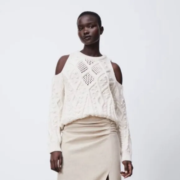 Zara Sweater Cable Knit Cold Shoulder Pom Pom Ecru Small