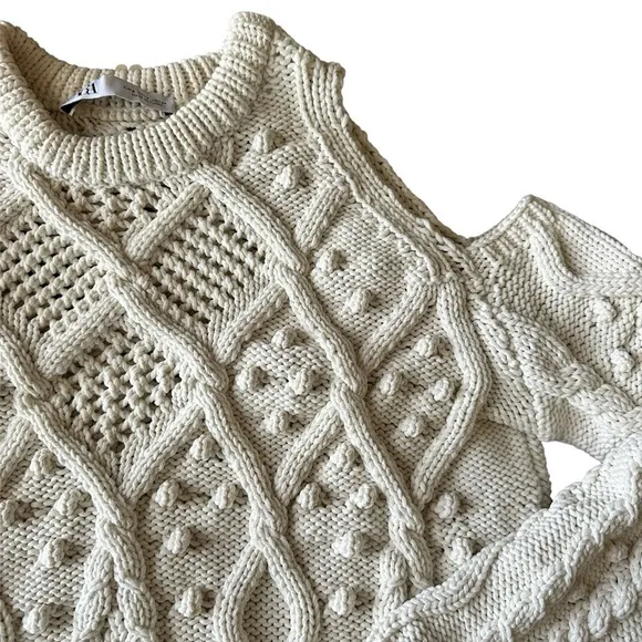 Zara Sweater Cable Knit Cold Shoulder Pom Pom Ecru Small