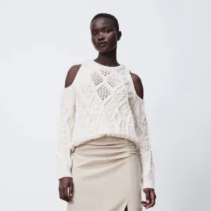 Zara Sweater Cable Knit Cold Shoulder Pom Pom Ecru Small